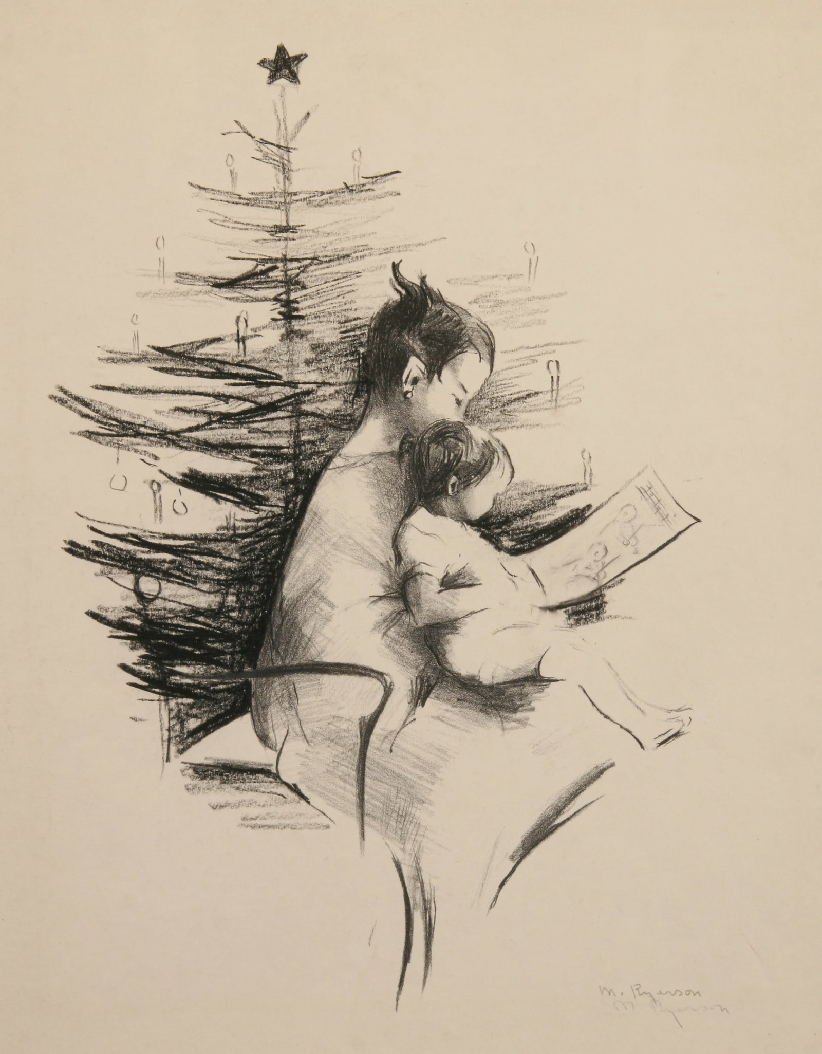 Margery Ryerson (American, 1886 - 1989): "A Christmas Story"; c. 1940; Lithograph and Graphite on Paper; 14" x 11"; Signed "M. Ryerson" Lower Right; Framed (under glass).