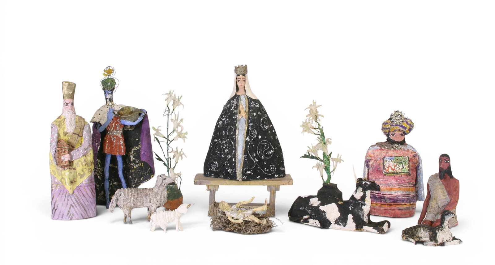 Lucile Blanch (American, 1895 - 1981): "The Nativity" Set; 1961; Mixed Media Papier-mâché; 10/13 Pieces are Signed; Note: Lot includes “The Soledad Virgin, from the Mexican (No. 1)” (12.75” H x 9.5” W x 3” D), �