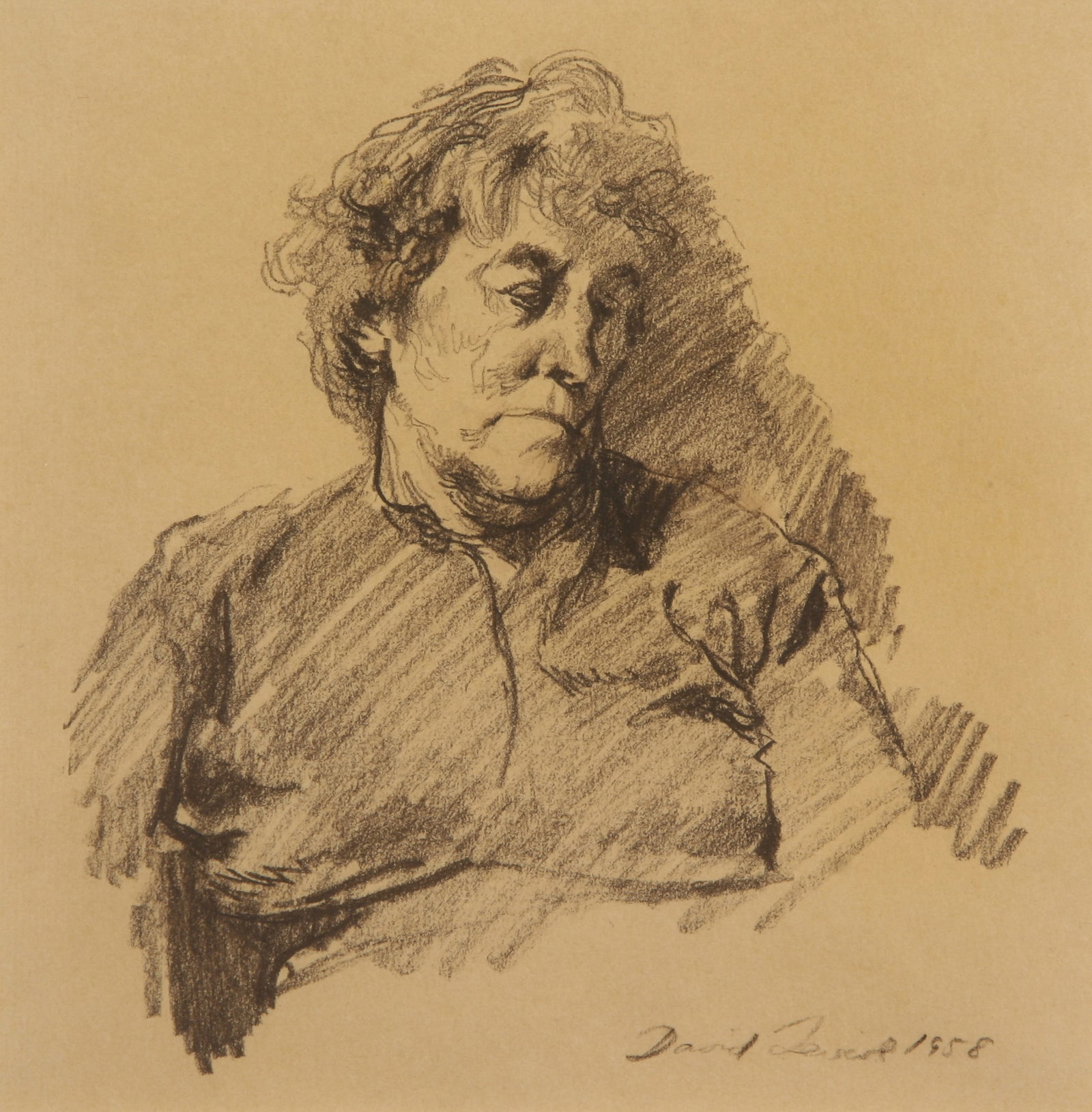 David Levine (American, 1926 - 2006): "Portrait"; 1958; Charcoal on Paper; 7.25" x 7"; Signed "David Levine" Lower Right; Framed (under glass).