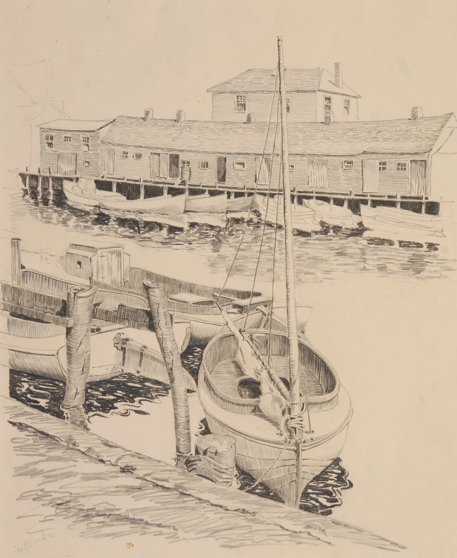 Walter Ronald Locke (American, 1883 - 1949): "Florida Dock"; c. 1935; Graphite on Paper; 11" x 9"; Signed "W. R. Locke" Lower Left; Unframed.