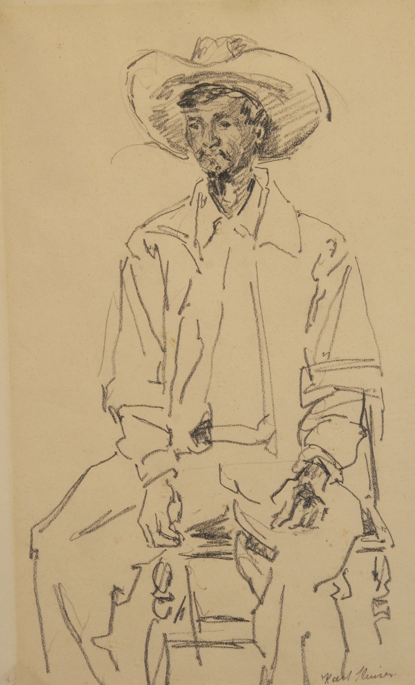 Kurt Sluizer (Dutch-born American, 1911 - 1988): "Man Sitting"; c. 1970s; Graphite on Paper; 13.75" x 8.5"; Signed "Kurt Sluizer" Lower Right; Framed (under glass).