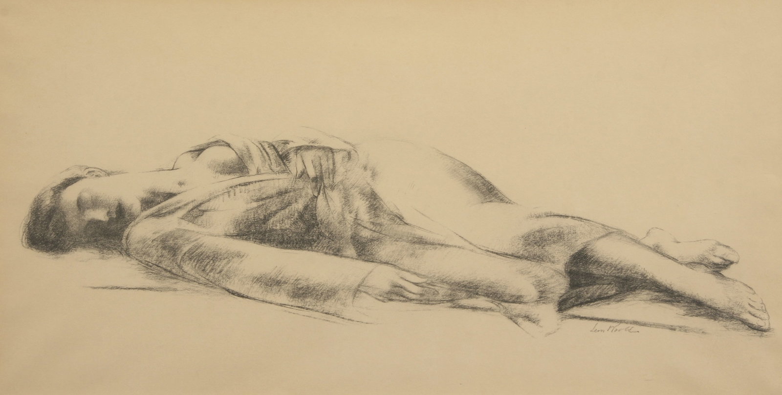 Leon Kroll (American, 1884 - 1974): "Woman in Robe Lying Down"; c. 1950; Graphite on Paper; 9.75" x 19"; Signed "Leon Kroll" Lower Right; Framed (under glass).