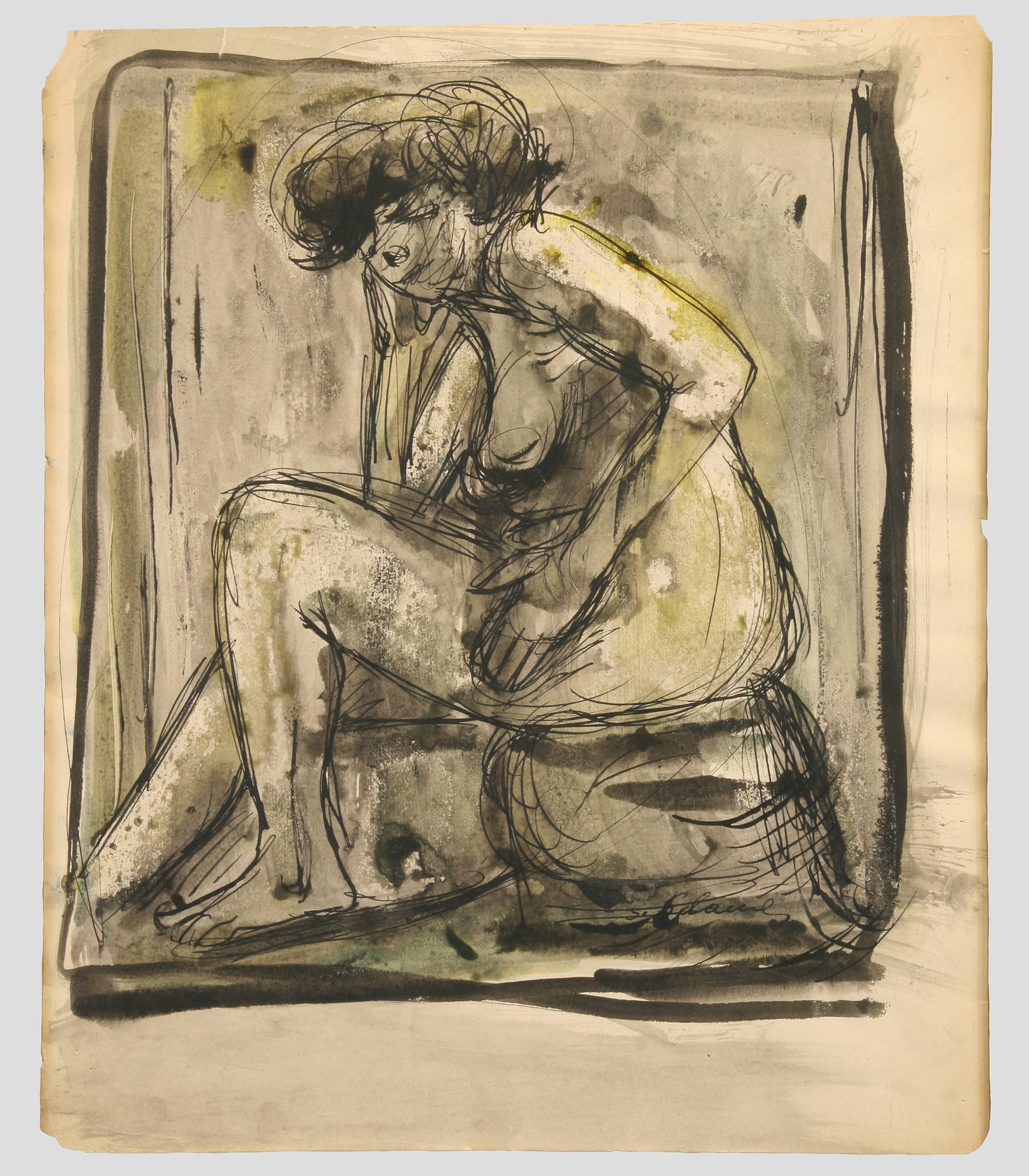 Samson Schames (German-American, 1898 - 1967): "Seated Nude"; n.d.; Ink on Paper; 16.5" x 13.5"; Signed "S. Schames" Lower Right; Framed (under glass).