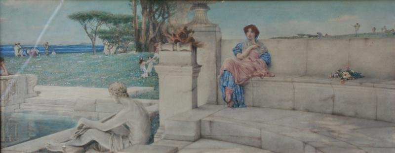 After Sir Lawrence Alma Tadema (1836-1912): Classic Bath, c. 1880, Hand Colored Chromo Lithograph, 13.5" x 32.5" (image), Unsigned, Framed. In original gilded oak frame with reeded edging.