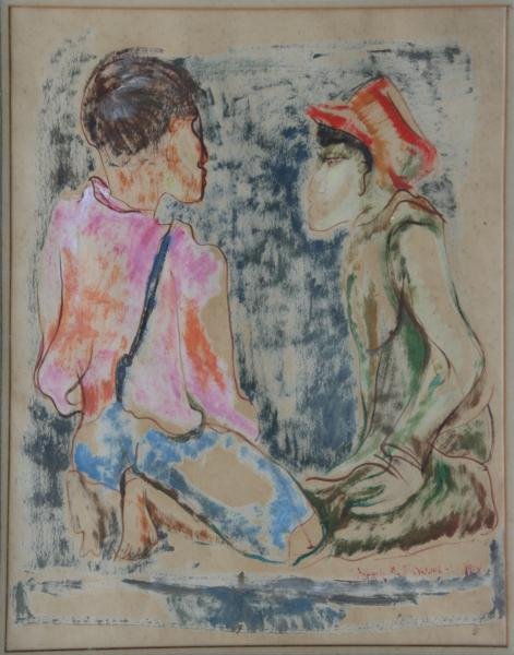 Annette Nancarrow (1907-1992): Two Women in Conversation (Mexico), Oil on Paper, 1945, 22" x 18," Signed Lower Right, Framed.