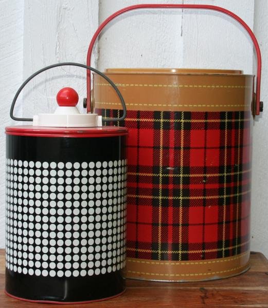 Petra Cabot (1907-2006): PAIR: A: Skotch Koolers, c. 1955, Formed and Lithographed Metal, 14" x 12" (Diameter), Signed Petra Cabot Designs under lid in plate. Normal wear including minor dent; B: Jolly Jug, c. 1955, Formed an