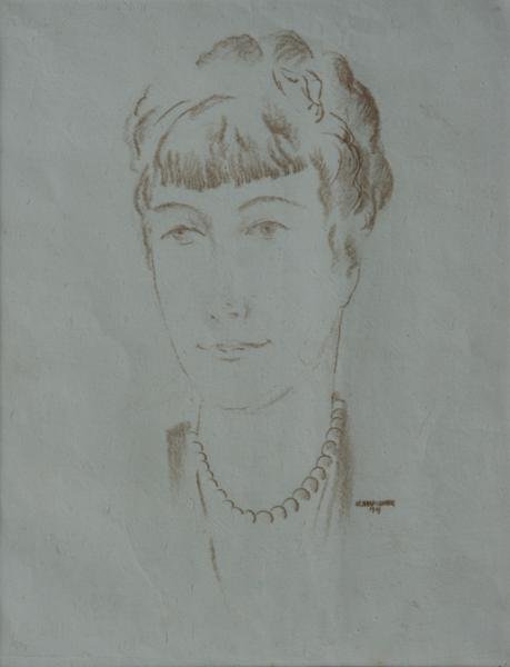 Konrad Cramer (1888-1963): Portrait of Florence (Ballin Cramer), 1929, Conte on Handmade Paper, 12.5" x 10," Signed Lower Right, Framed. Hand carved period frame in beaux arts style.