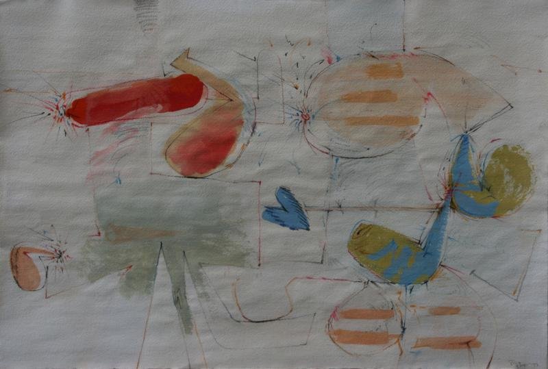 Dimitri Petrov (1919 - 1986): Untitled Abstract (In Peach, Blue and Green), 1977, Mixed Media Collage, 21.5" x 30," Signed Lower Right, Framed.