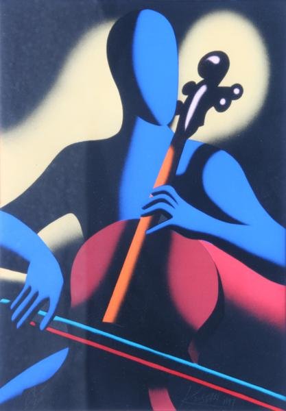 Mark Kostabi (b. 1960): Blue Cello Player, 1967, Serigraph, 20" x 15" (image), Signed Lower Right, Ed. 167/300, Framed.