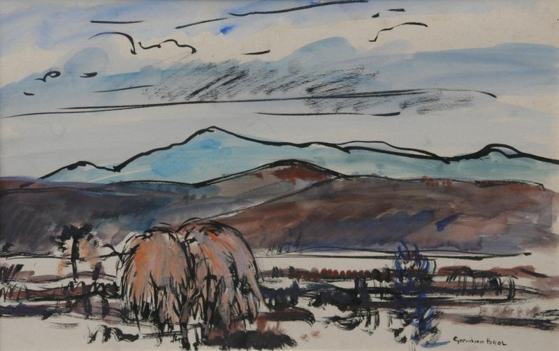Gifford Beal (1879-1956): Catskill from Kingston, c. 1915, Ink, Watercolor and Gouche on Paper, 13.25" x 19.25," Signed Lower Right, Framed. Kraushaar Galleries label on verso.