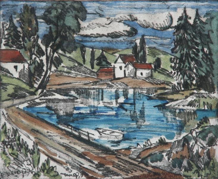 Emil Ganso (1895-1941): Road by the Lake, 1927, Soft Ground Etching with Color, 8" x 10," Signed Lower Right in Pencil, Unframed. Frederick Baker, Chicago, label on verso.