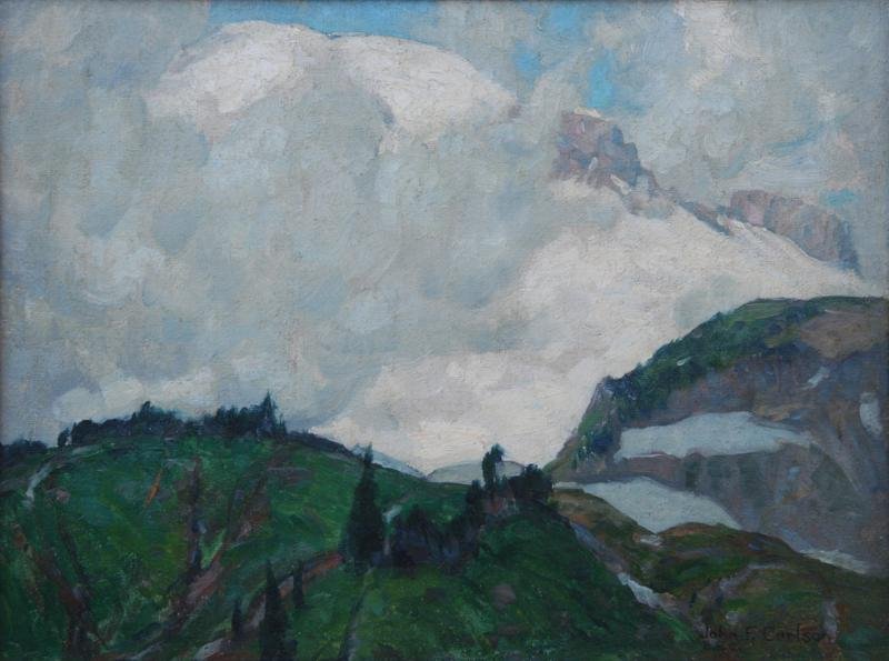John F. Carlson (1875-1945): Correct title is "Western #6 Out of the Mist, Mt. Rainier," 1921, Oil on Board, 12" x 16," Signed Lower Right and initialed by Artist's Granddaughter Barbara Carlson, Framed. Provenance: John F. Carls