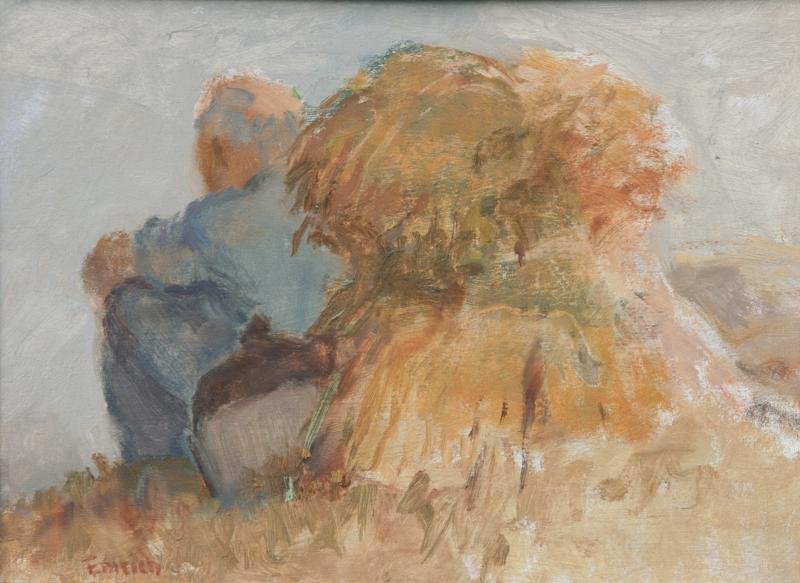 Harvey Emrich (1884-1972): Man Resting by Haystack, 1920, Oil on Board, 8.5" x 11.5," Signed Lower Left, Framed.