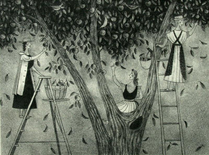 Doris Lee (1905-1983): Apple Pickers, 1945, Lithograph, 8.75" x 11.75," Signed Lower Right, Unframed.