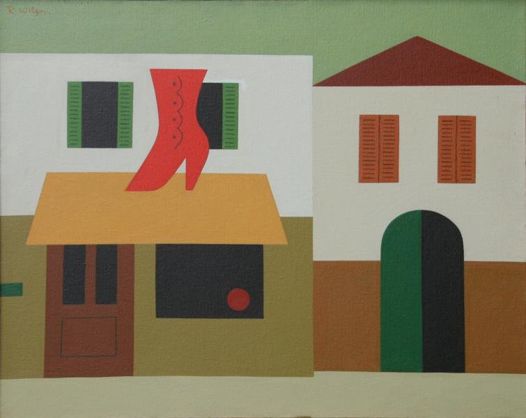 Reginald Wilson (1909-1993): Shoemaker's Shop, c. 1980, Acrylic on Canvas, 24" x 30," Signed Upper Left, Framed.