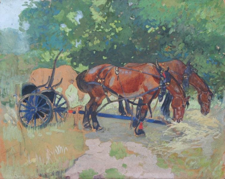 Unknown: Horses with Cart, Gouache on Board, 14" x 17.75," Unsigned, Unframed.
