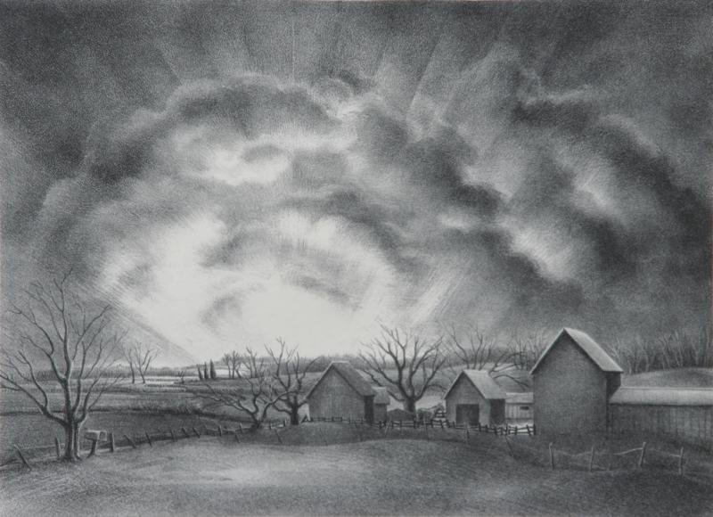 Victoria Hutson Huntley (1900-1971): Farm at Daybreak, 1946, Lithograph, 9.5" x 12.5," Signed Lower Right, Framed.