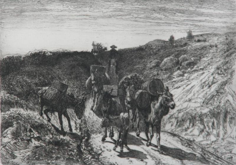Peter Moran (1841-1914): Burro Train, New Mexico, 1883-1887, c. 1885, Drypoint, 6.5" x 9.25," Signed Lower Right in Plate, Unframed.