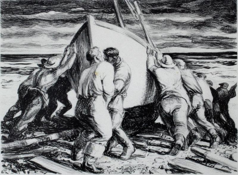 Robert Von Neumann (1888-1976): Launching the Boat, n.d., Lithograph, 8" x 10.75," Signed Lower Right, Edition Unknown, Framed.
