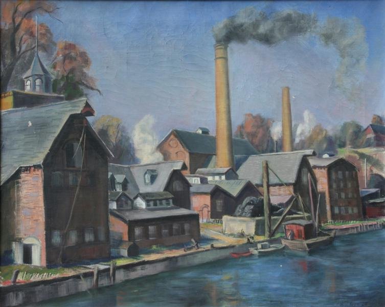 Neil Ives (1890-1946): Pulp Mill- Saugerties, NY, c. 1930, Oil on Canvas, 24" x 30," Signed Lower Right, Framed. Mill was on Lower Esopus Creek. Sold to W.R. Sheffied, 1886. Fair: Deserves Relining.