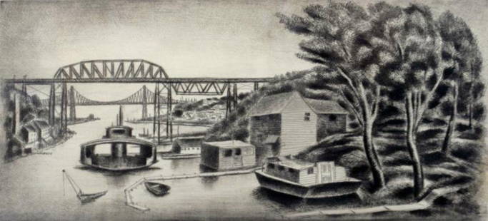 Albert Heckman (1893-1971): Rondout Creek, c. 1940, Etching, 5.75" x 11.25," Signed Lower Right, Framed. Condition note: some foxing/staining along lower right edge of composition.