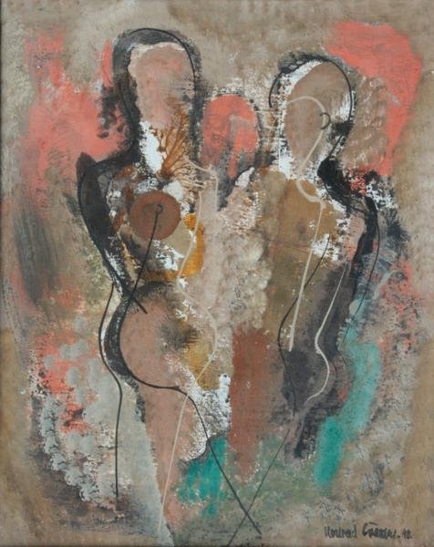 Konrad Cramer (1888-1963): Promenade 1948, Oil on Board, 20" x 16," Signed Lower Right, Framed.