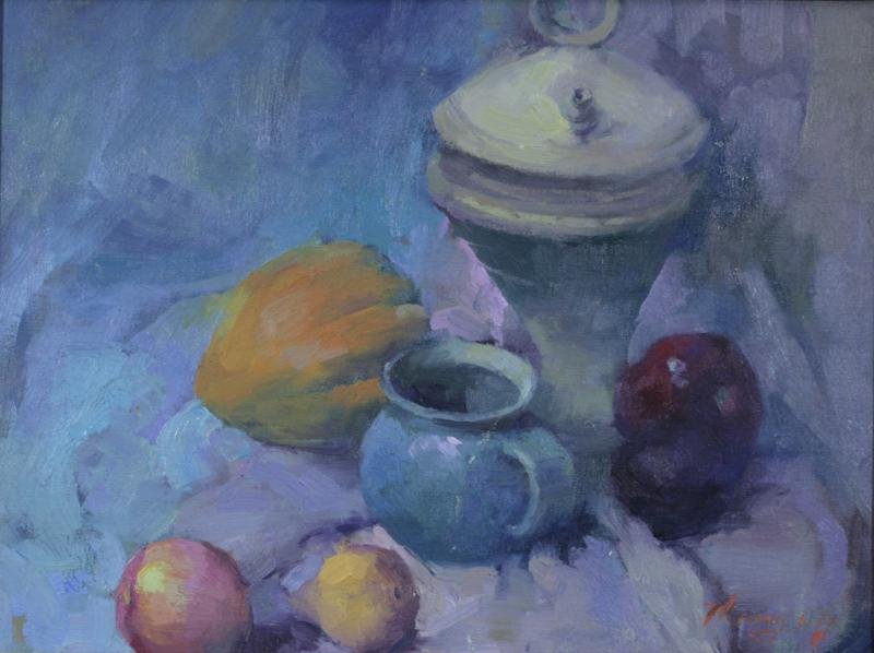 HongNian Zhang (b. 1947): Still Life with Blue Vessel and Fruit, Early 1990s, Oil on Canvas, 12" x 16," Signed Lower Right, Framed.