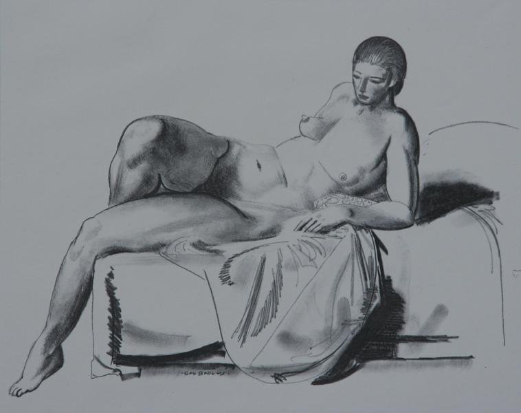 George Bellows (1882-1925): Nude Study Classic on a Couch, 1923-24, Lithograph, 10" x 12.5," Signed Lower Right in Pencil, Ed. 32, Unframed. Printed by Bolton Brown, signed by printer Lower Left.