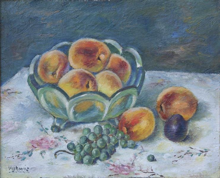 Marko Vukovic (1892-1973): Still Life with Peaches, c. 1950, Oil on Board, 14" x 17", SLL, Framed.