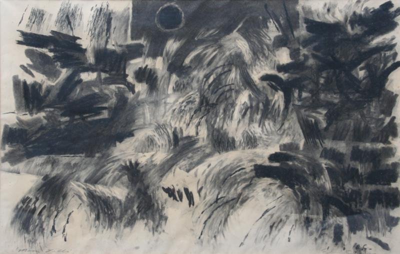 Edward Chavez (1917-1995): Moon Falls, c. 1970 Charcoal on Paper, 18" x 28", SLR, Framed.