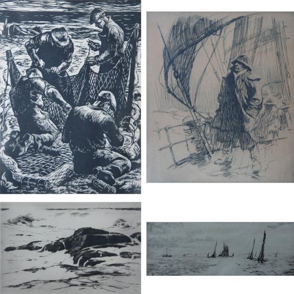 LOT OF 4: R. von Neumann, G. Grant, S. Gallagher & Bond: LOT OF 4: A: Robert von Neumann (1888-1976), The Four Net Menders, c. 1950, Woodcut, 11" x 8.5", SLR, Framed.B: Gordon Grant (1875-1962), The First Mate, Drypoint, 8" x 10", SLR, Framed.C: Sears Galla