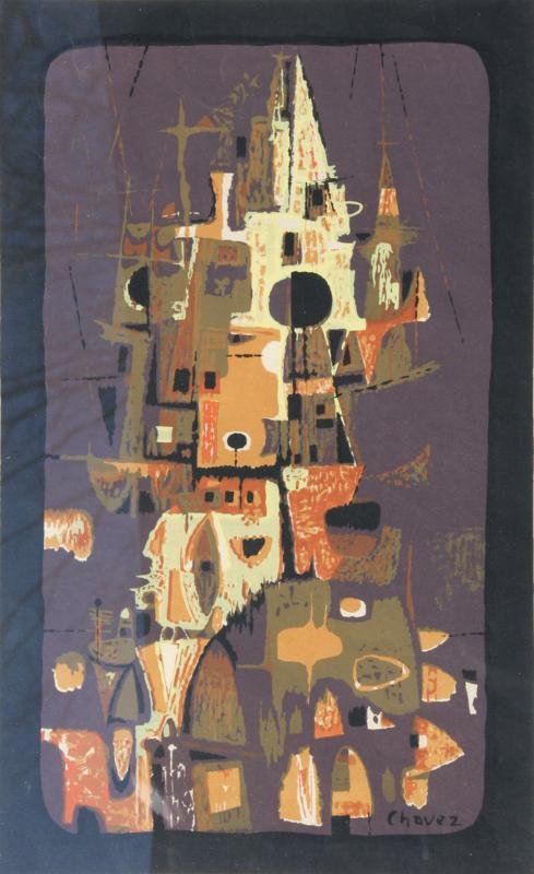 Eduardo Chavez (1917-1995): Gothic Patterns, c. 1975, Serigraph, 17.75" x 10.75", SLR in plate and SLR in pencil, Framed; WSA Woodstock Prints Post and Present exhibition label on verso.