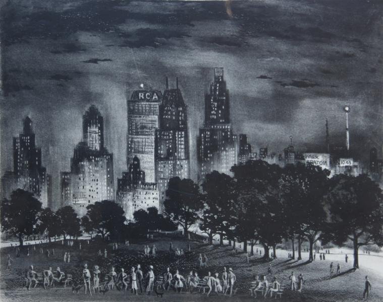 Adolf Dehn (1895-1968): Central Park at Night, 1952, Lithograph, 12" x 15.5", SLR, Framed.