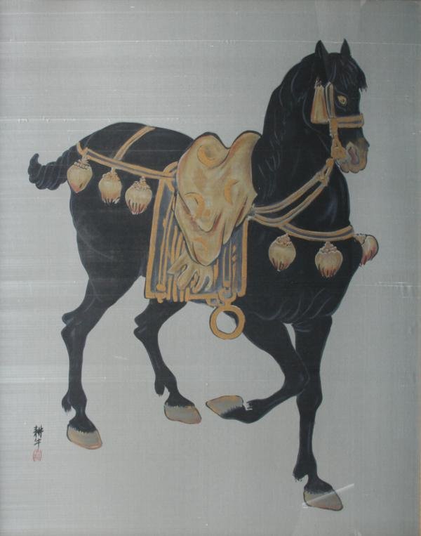 Unknown Chinese: Ceremonial Horse, 20th C., Ink and Gold Paint on Silk, 26" x 29", SLL, Framed.