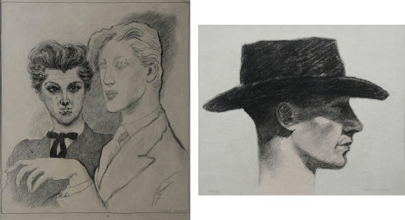 PAIR: James Chapin (1887-1975): PAIR: A: Study for The Sophisticates, c. 1945, Ink, 12.5" x 11", SLR, Unframed.B: Buck Logan - Rodeo Rider, 1939, Charcoal and Gouache on Paper, 11" x 13.5", SLR, Framed.