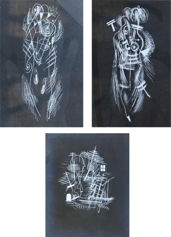 LOT OF 3: Konrad Cramer (1888-1963): LOT OF 3: Three Black and White Modernist Photograms (Figurative), c. 1945, Gelatin Silver, 9.5" x 7.5" (each), Two are SLL, One in Unsigned, Framed.