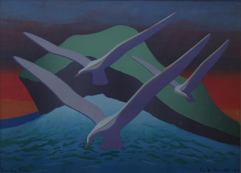 William Sewell (1901-1951): Lonely Isle (Gulls), 1947, Silkscreen, 13.5" x 17.5", Dated and Signed in Plate LR, Framed.