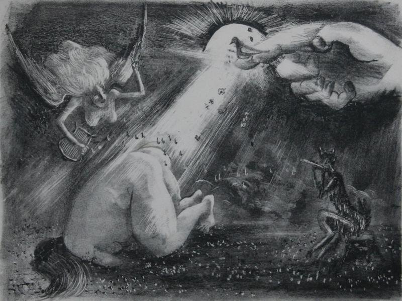 Adolph Dehn (1895-1968): Untitled (Comedy Portrayal Hand of God), c. 1930, Lithograph (Chine de Colle), 8" x 10.75", SLR, Framed.