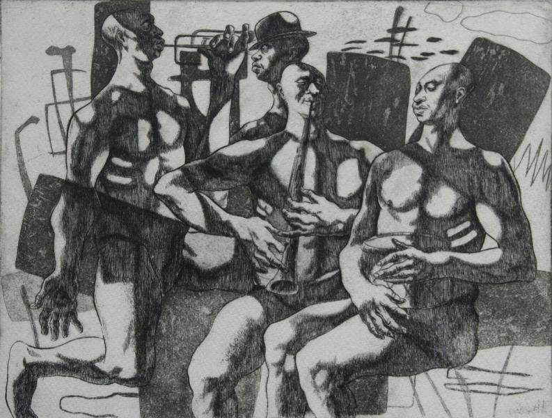 John Fenton (1912-1977): Jazz Combo, c. 1975, Aquatint, 8.5" x 11.75", SLR, Edition 17/100, Unframed