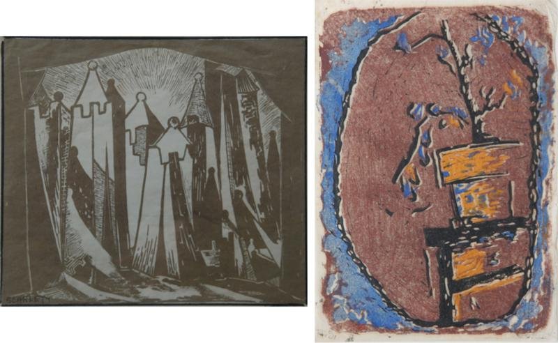 PAIR: Rolph Scarlett (1889-1984): PAIR: A: Untitled (Abstract City), Linocut, 9" x 10.5", SLL, Framed.B: Still Life with Potted Plant, Monotype, 7.5" x 5.5", SLL - initialed in pencil. Framed.