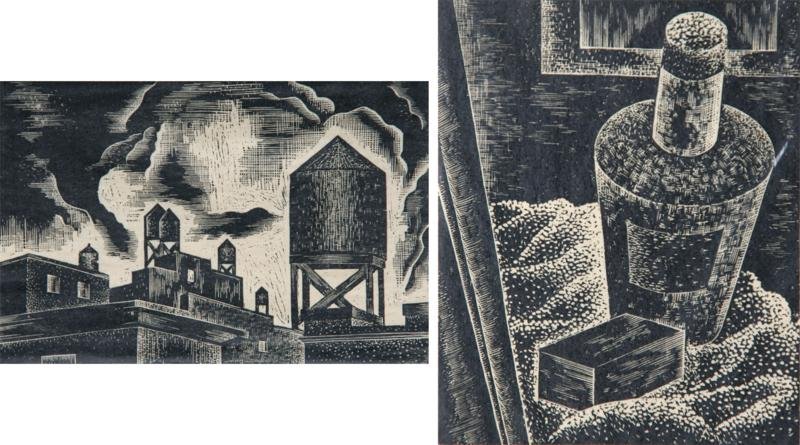 PAIR: Geoge White Good (b. 1901): PAIR: A: Still Life, 20th C., Wood Engraving, 5" x 4", SLR, Unframed.B: Untitled (industrial landscape with water towers), 20th C. Etching, 4" x 6", SLC and SLR, Unframed.