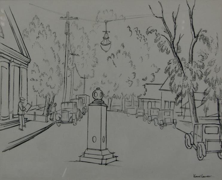 Konrad Cramer (1888-1963): Untitled (Cars on Street), n.d., Pen and Ink on Paper, 16" x 21.5", Signed Lower Right, Framed