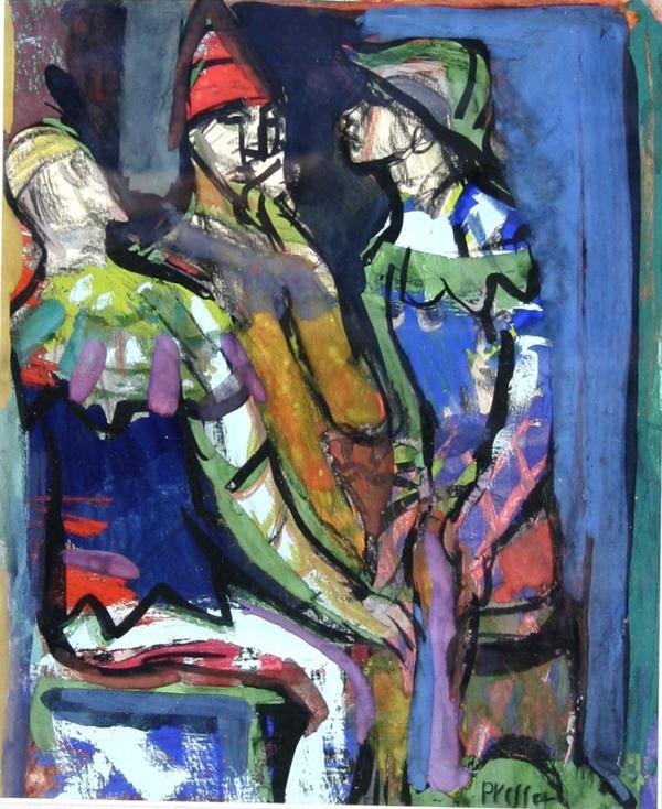 Josef Presser (1907-1967): Three Harlequins, c. 1940, Gouache and Black Crayon on Paper, 9" x 7.5", Signed Lower Right, Framed