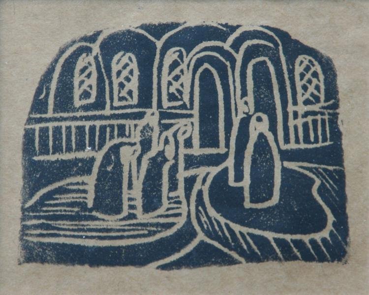 Max Weber (1881-1961): Figures in a Church Interior, c. 1930, Woodcut, 3.25" x 5.25", Unsigned, Framed.