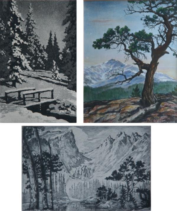 Lyman Byxbe (1886-1980): LOT OF 3: A: Summer Snow, c. 1940, Etching, 4" x 2.75"; B: Dream Lake, c. 1940, Etching, 3" x 4.75"; C: Mount Mecker, c. 1940, Etching, 5.75" x 4.25"; All Signed Lower Right; All Framed.