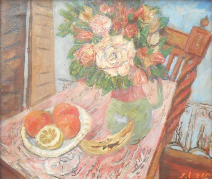 Joseph Levin (1894-1979): Balcony Still Life - Nice, France, c. 1925, Oil on Canvas, 18" x 21", Signed Lower Right, Framed.