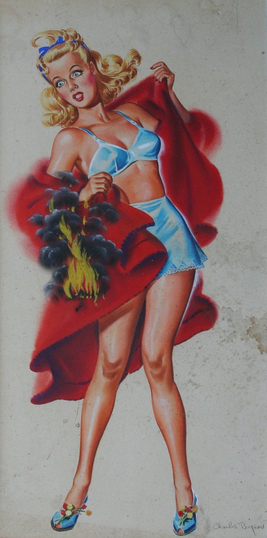 Charles Bryson (1902-1982): Pin-Up Girl in a Hot Spot, c. 1945, Gouache on Board, 22" x 16", Signed Lower Right, Unframed. Illustrator lived in Woodstock, NY. Condition: stains. Includes tear sheet of same image. Provenance: art
