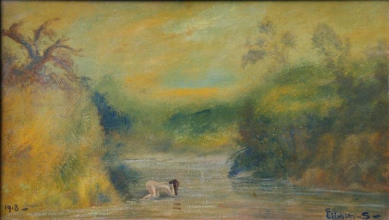 Louis Michael Eilshemius (1864-1941): Woman in Water, 1918, Oil on Board, 18" x 30", Signed Lower Right, Dated Lower Left, Framed.