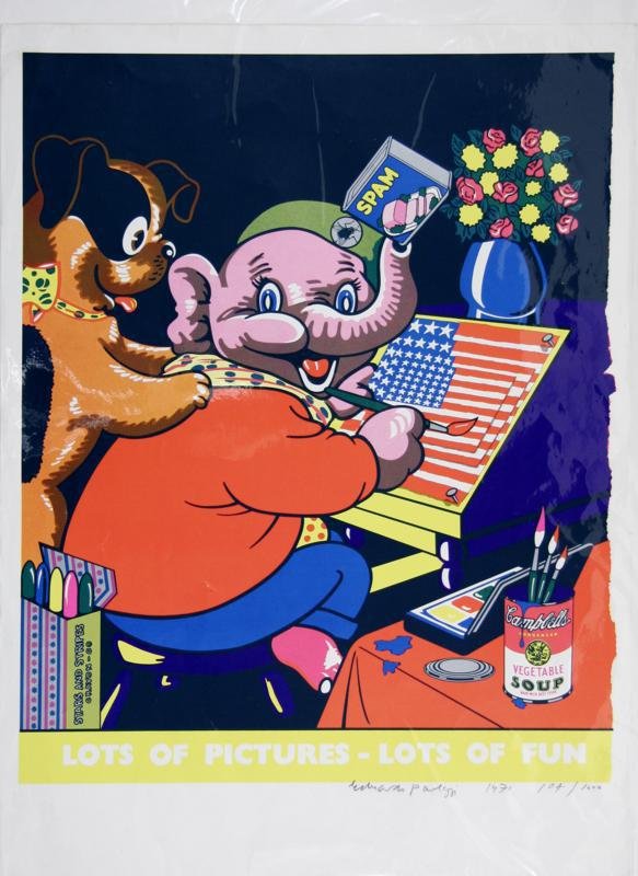 Eduardo Paolozzi (1924-2005): Untitled (Pink Elephant, Spam, Stars and Stripes, Crayons), 1971, Color Lithograph, 30" x 22", Signed Lower Right, Edition 104/1000, Unframed