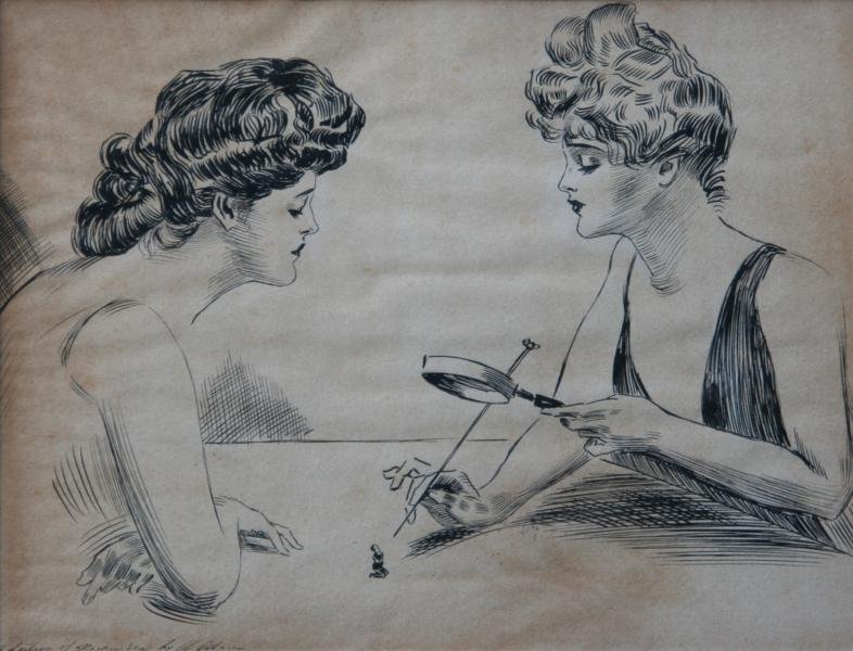 Charles Dana Gibson (1867-1944): A Portion of Weaker Sex (Study for "The Weaker Sex: Under the Microscope,)" 1903, Ink on Paper, 9" x 11.5", Signed Lower Left, Framed. Light struck. Accompanied by tear sheet from Collier's Weekly, P.